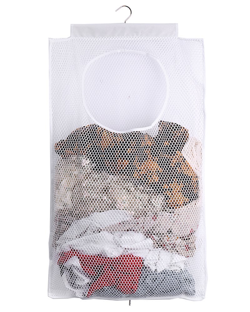 ALYER Breathable Mesh Laundry Hamper,Foldable Hanging Closet Storage Basket,Portable Space Saving Dirty Clothes Bag (White) - Image 1